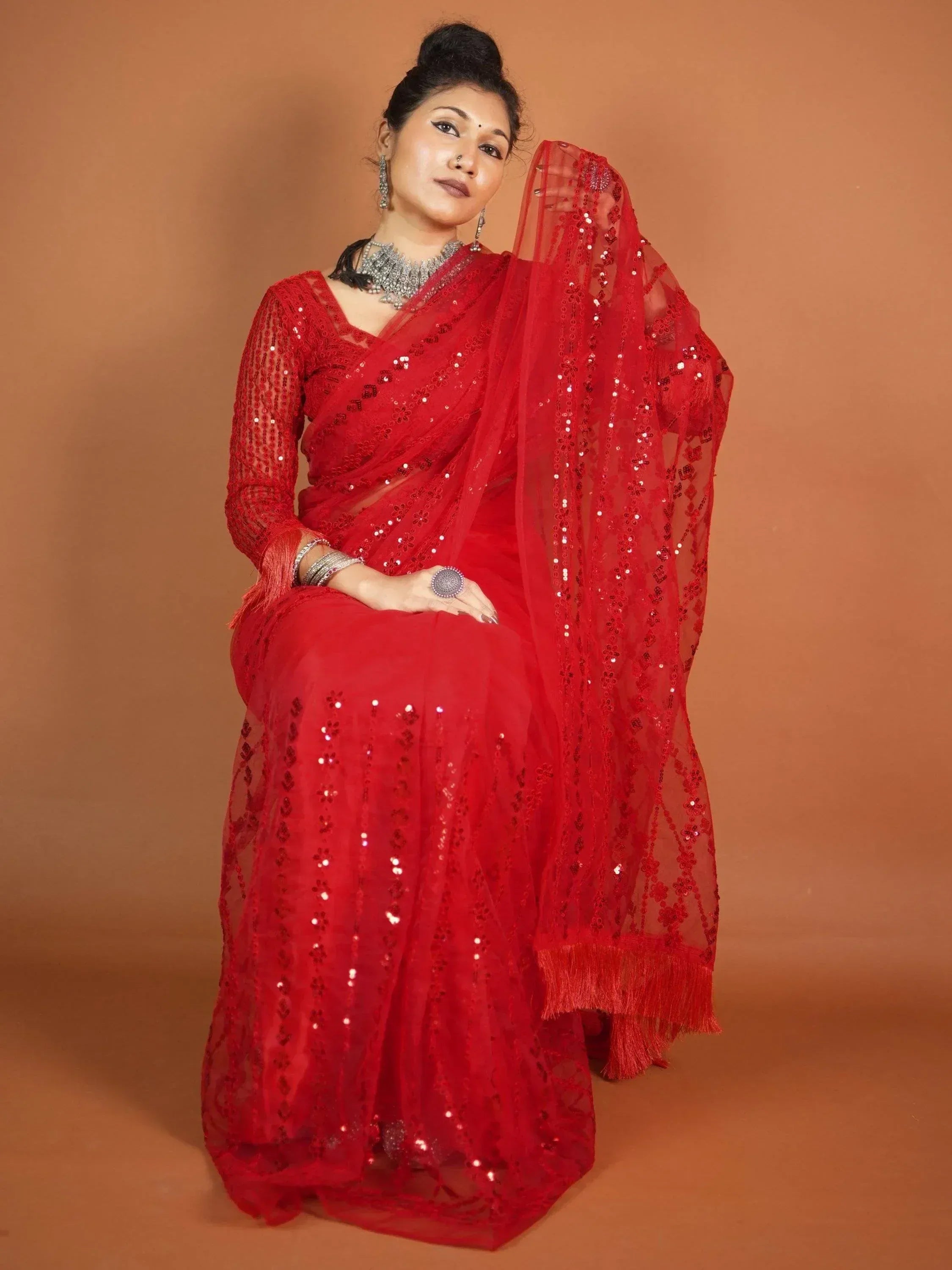 Red sequin saree with sheer dupatta, ethnic Indian wear for weddings and festivals