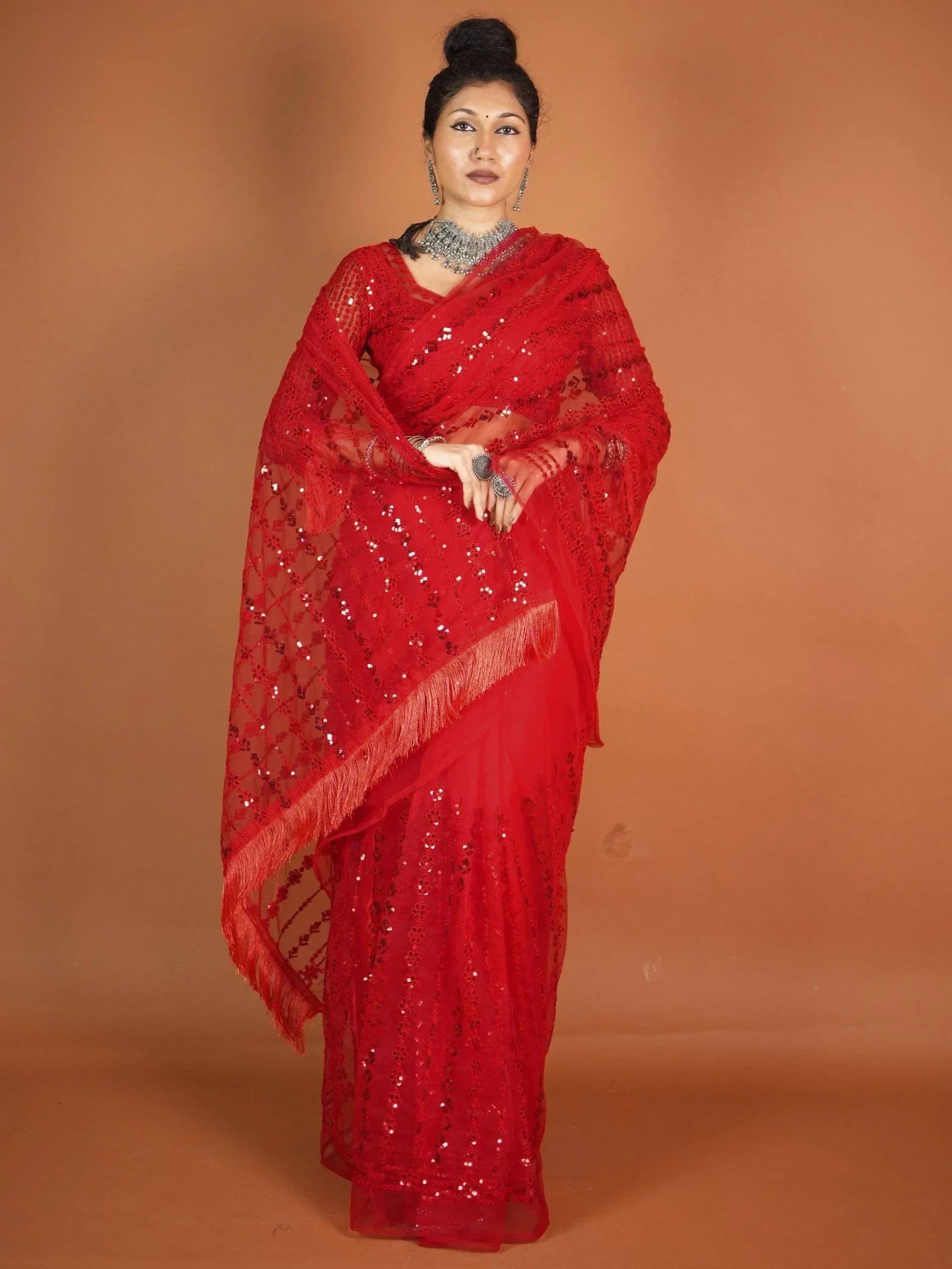 Red sequin saree with fringe, ethnic Indian wear for women