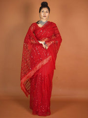 Pleasant Red Sequins Net Party Wear Saree With Blouse