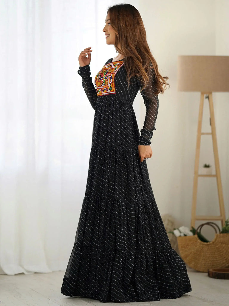 Alluring Black Laheriya Printed Georgette Navratri Wear Gown