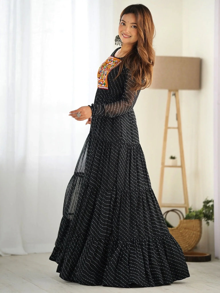 Alluring Black Laheriya Printed Georgette Navratri Wear Gown