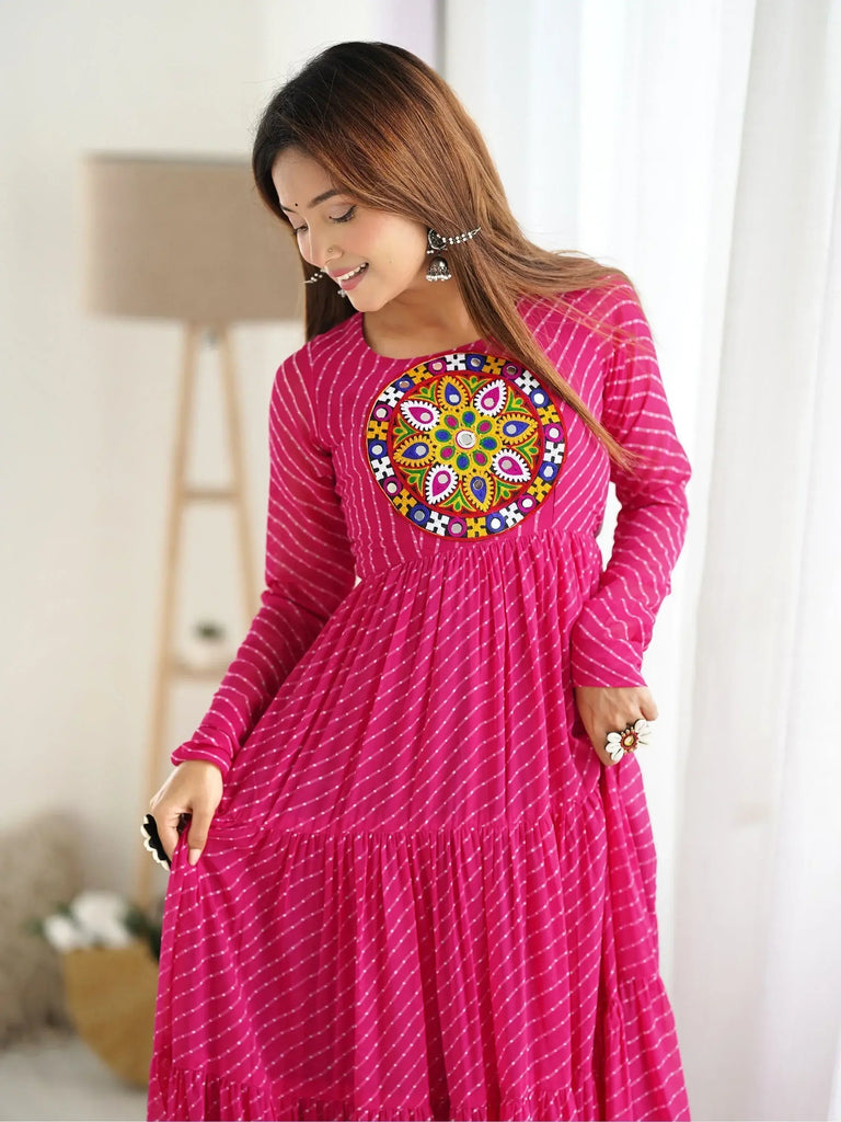 Enchanting Rani Pink Laheriya Printed Georgette Navratri Wear Gown