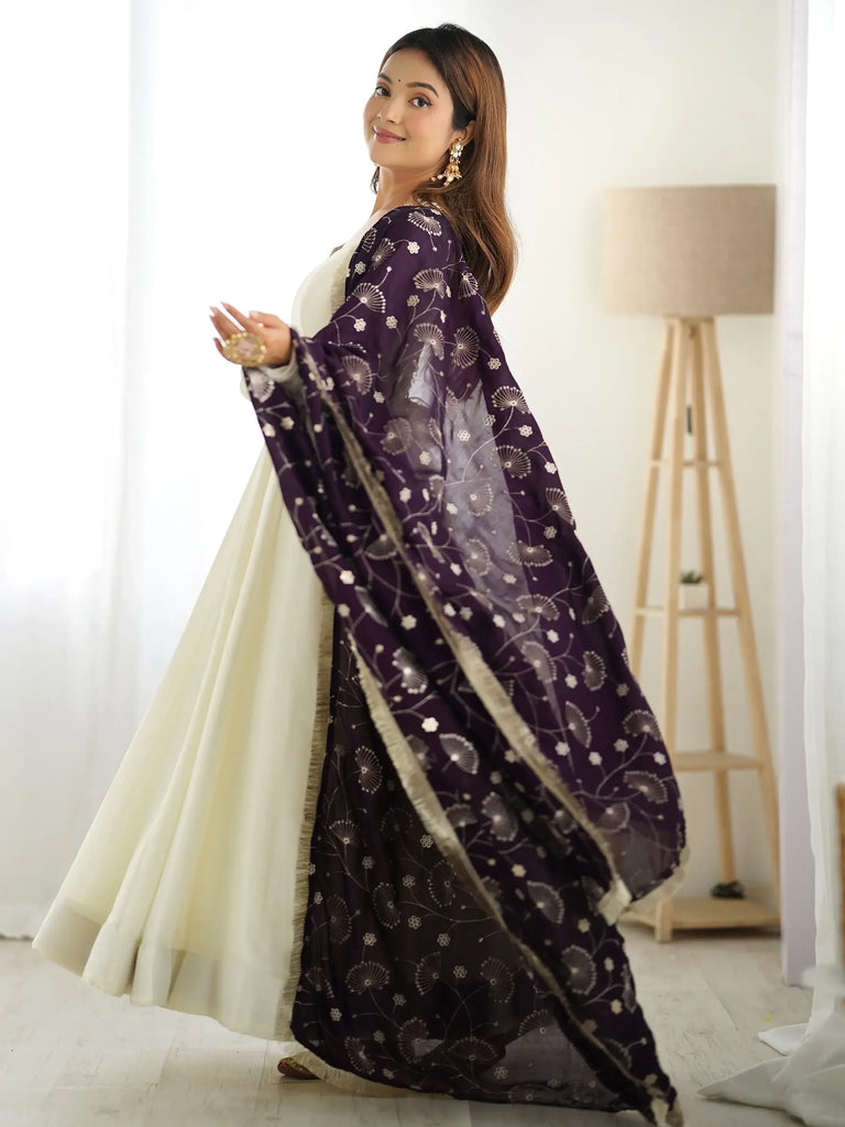 Charming Off-White Silk Anarkali Gown With Purple Embroidered Dupatta