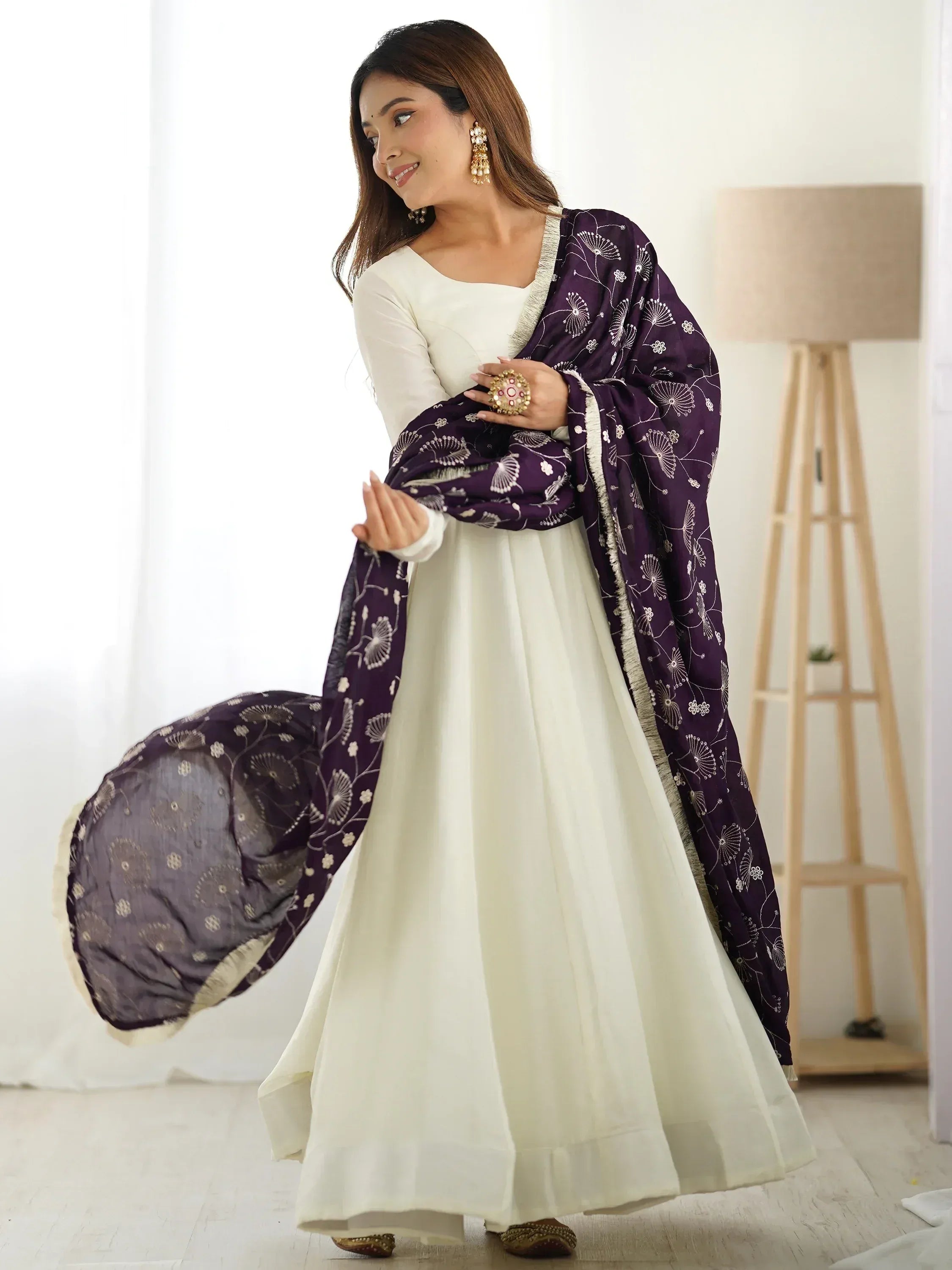 White anarkali with purple floral dupatta, ethnic Indian wear for women