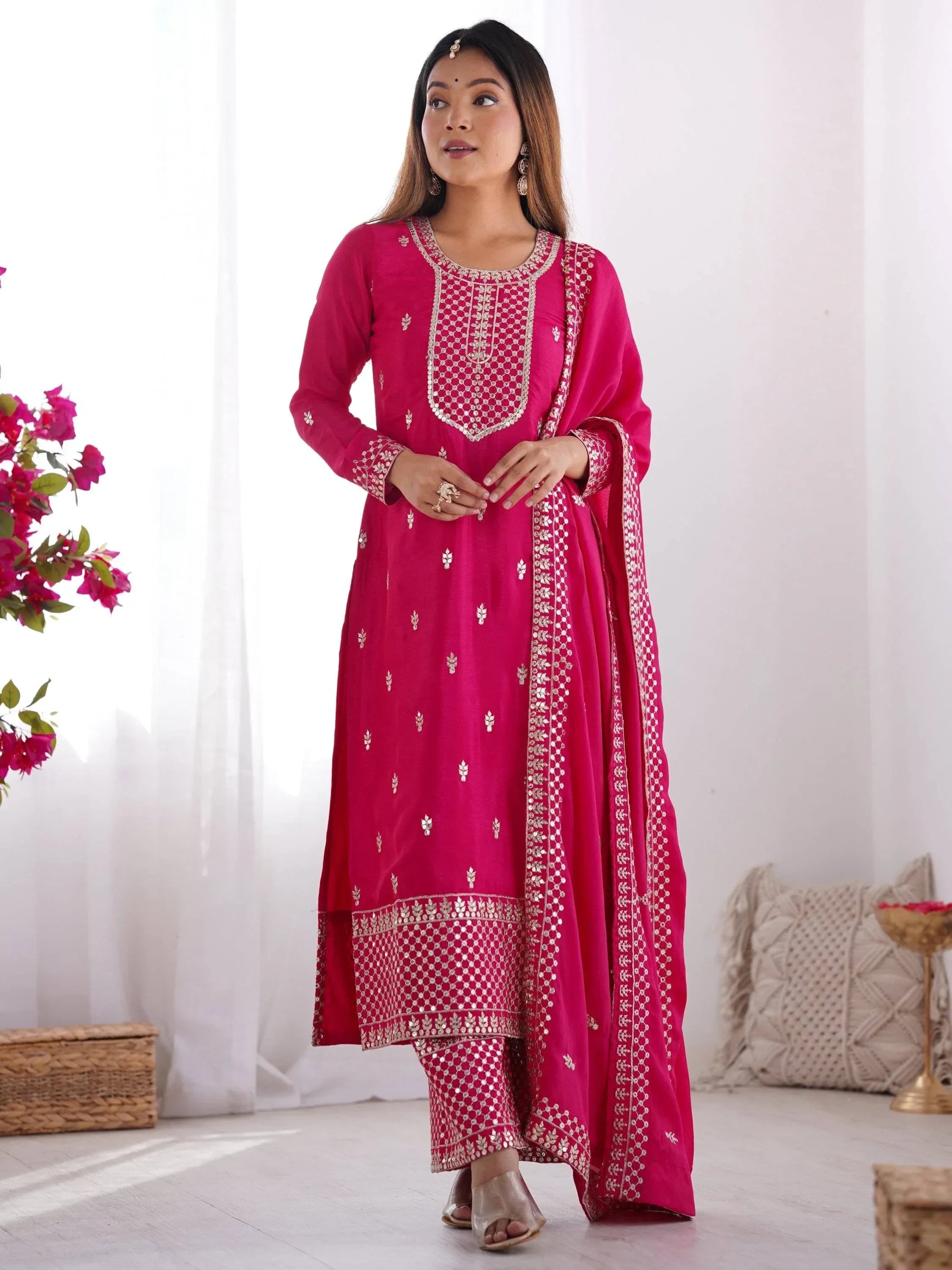 Gorgeous Pink Sequins Chinon Silk Party Wear Palazzo Suit