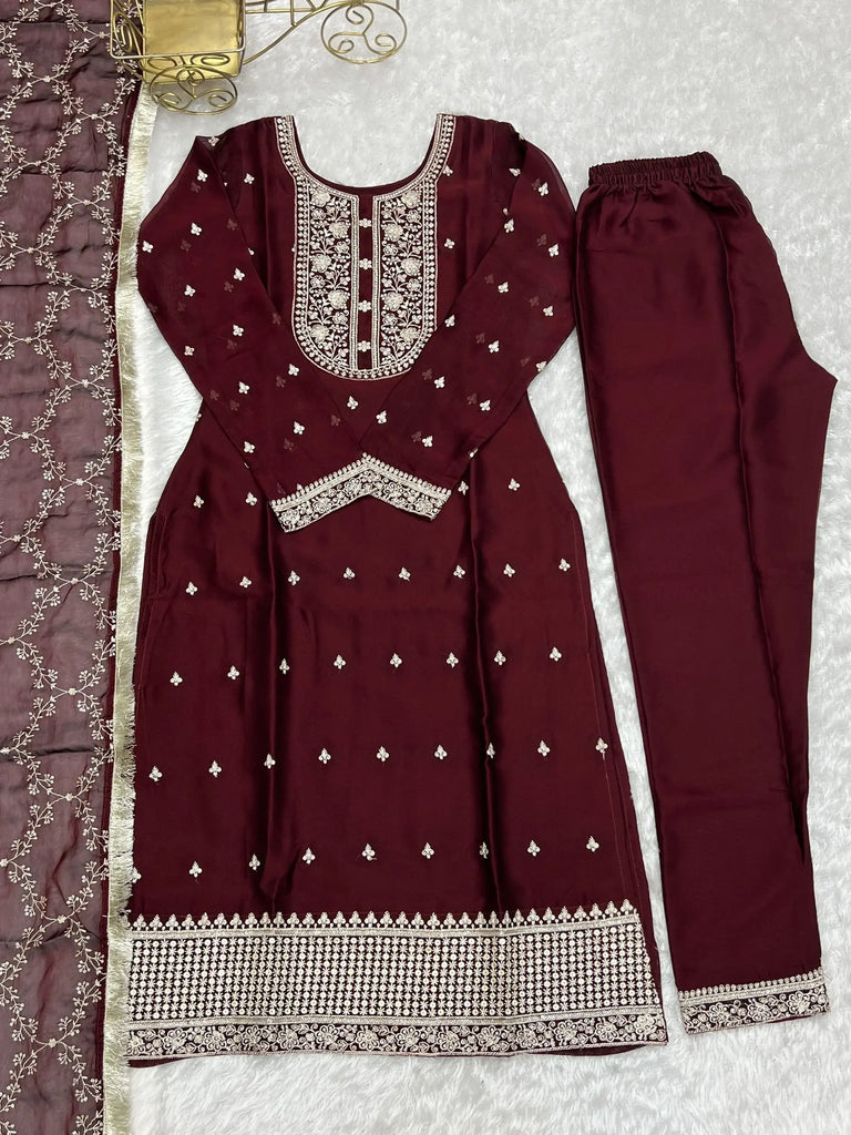 Superb Maroon Thread Work Silk Reception Wear Pant Suit With Dupatta
