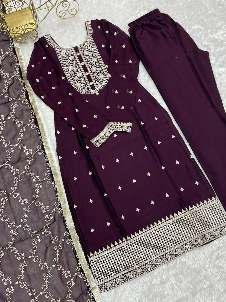 Amazing Purple Thread Work Silk Function Wear Pant Suit With Dupatta