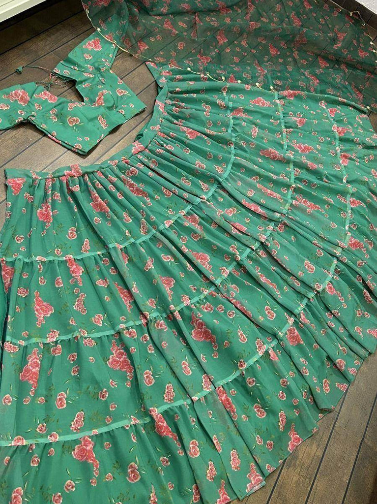 Beauteous Green Floral Digital Printed Georgette Party Wear Lehenga Choli