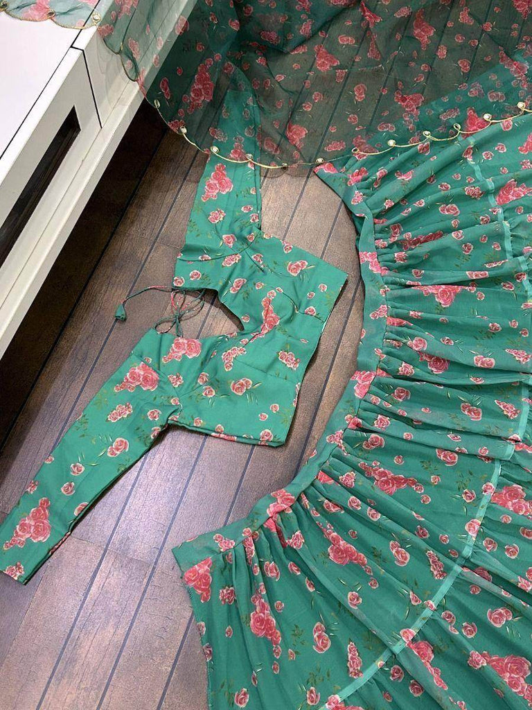 Beauteous Green Floral Digital Printed Georgette Party Wear Lehenga Choli