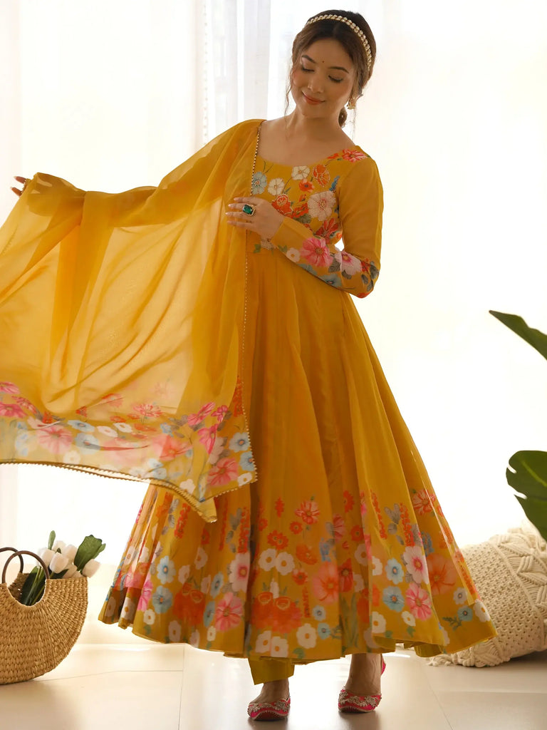 Majestic Yellow Floral Printed Organza Haldi Wear Anarkali Suit