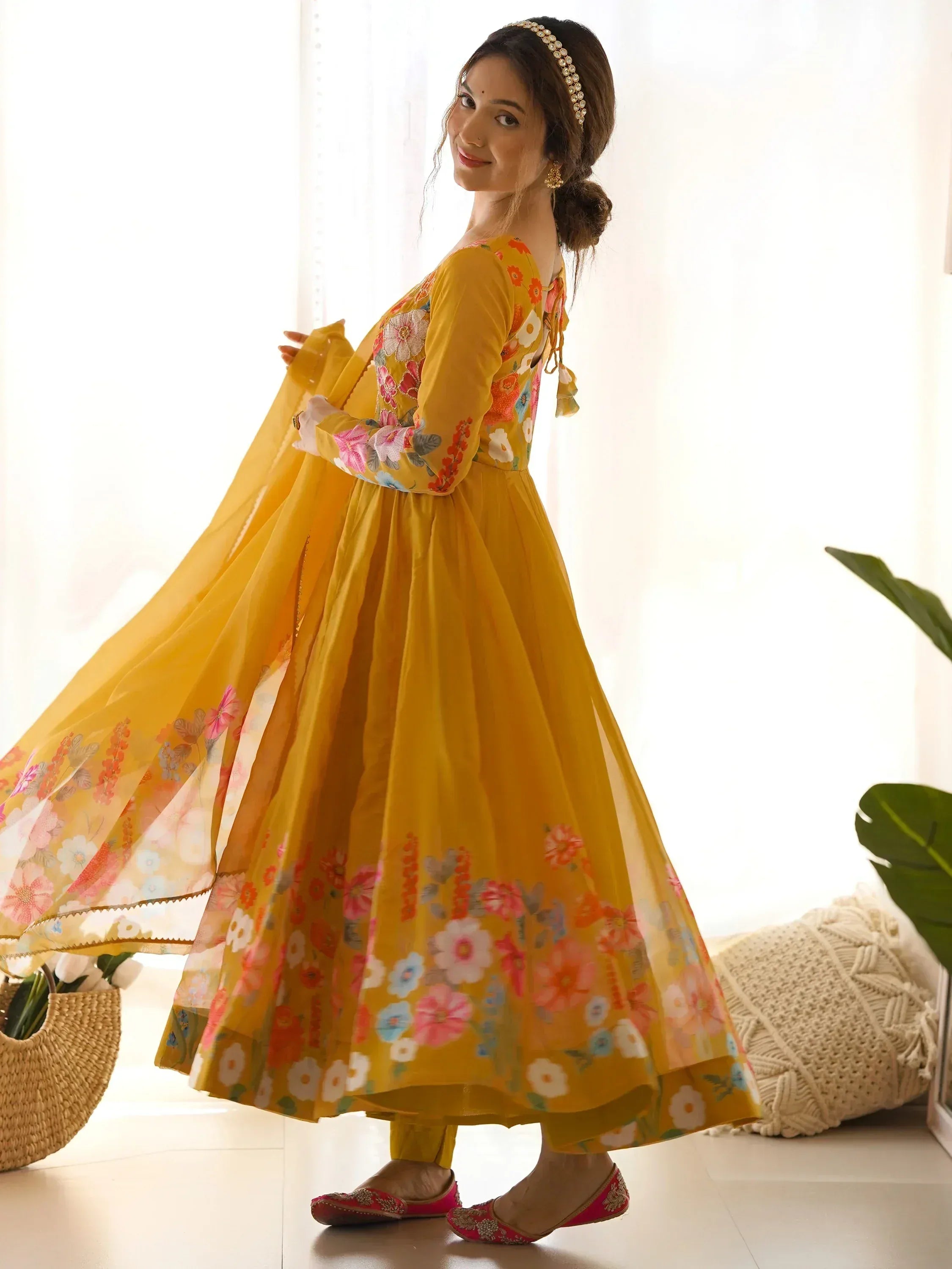 Yellow floral anarkali suit with matching dupatta, perfect for Indian ethnic occasions