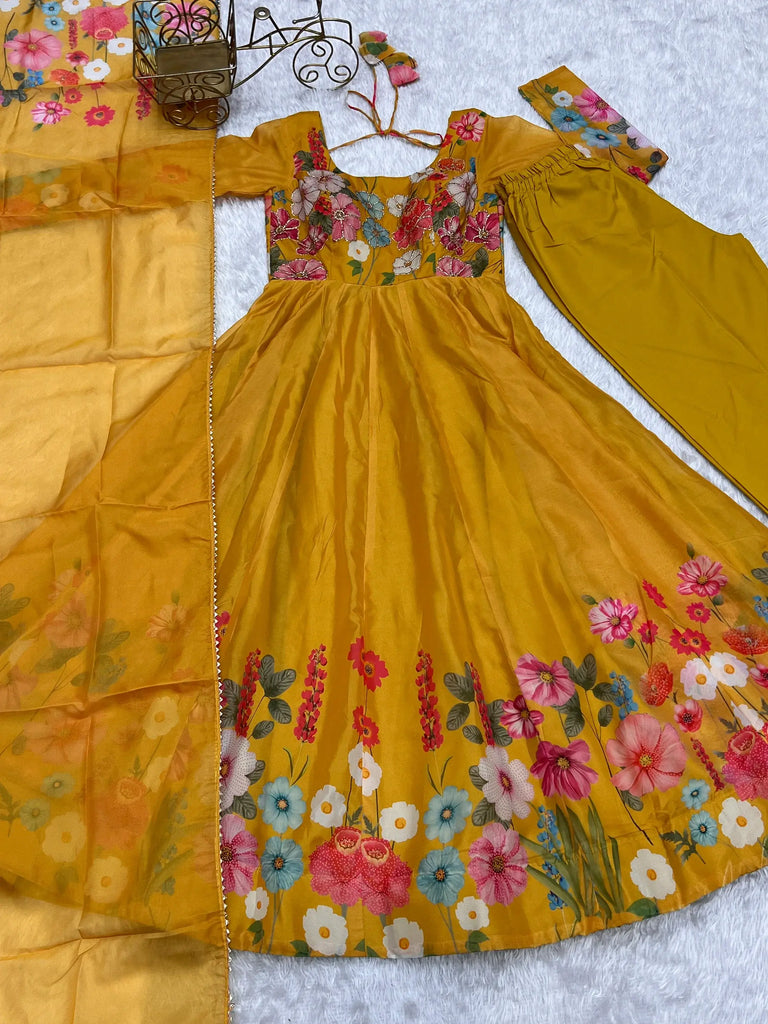 Majestic Yellow Floral Printed Organza Haldi Wear Anarkali Suit