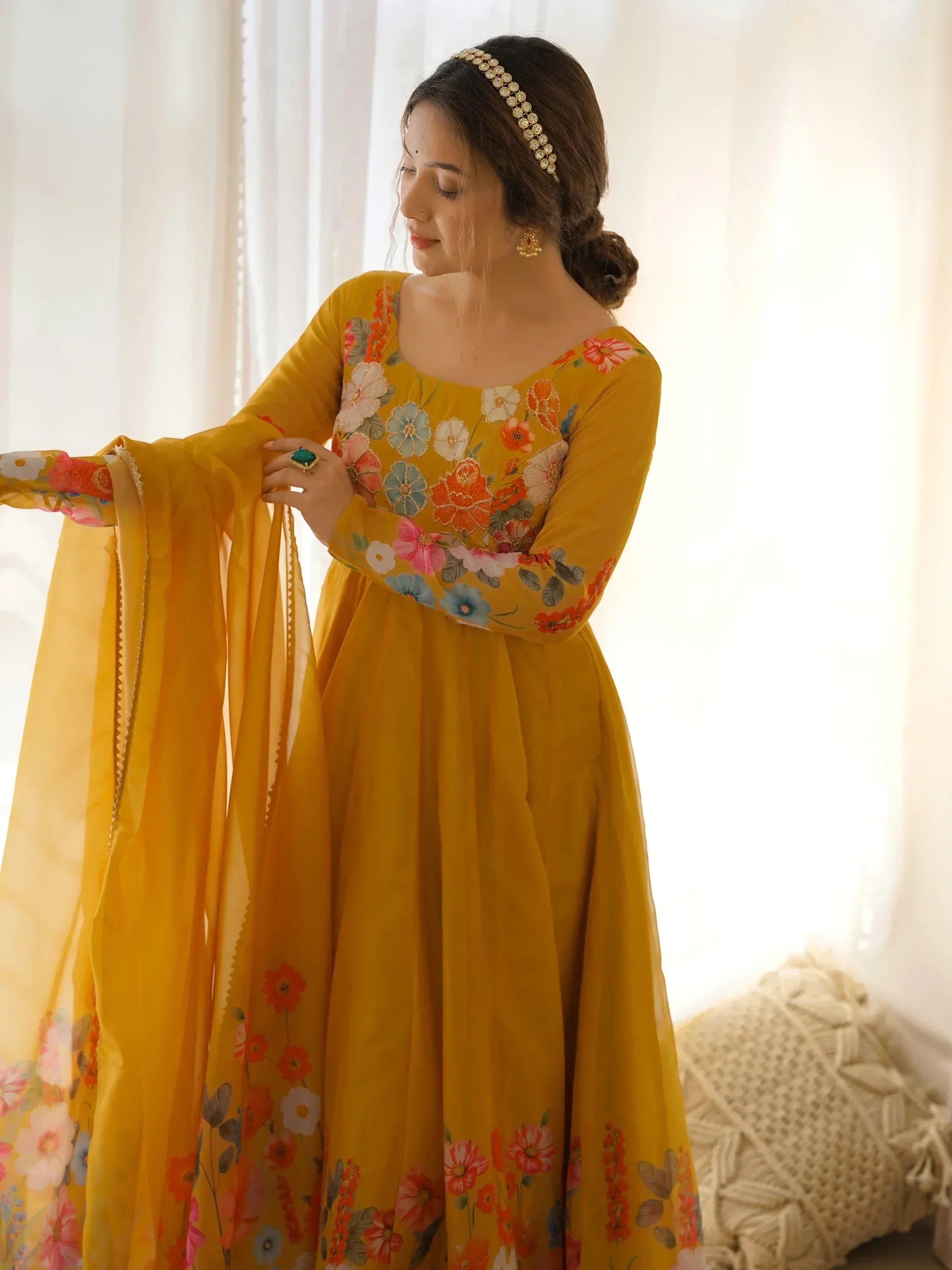 Yellow floral embroidered salwar kameez with dupatta, Indian ethnic wear for women
