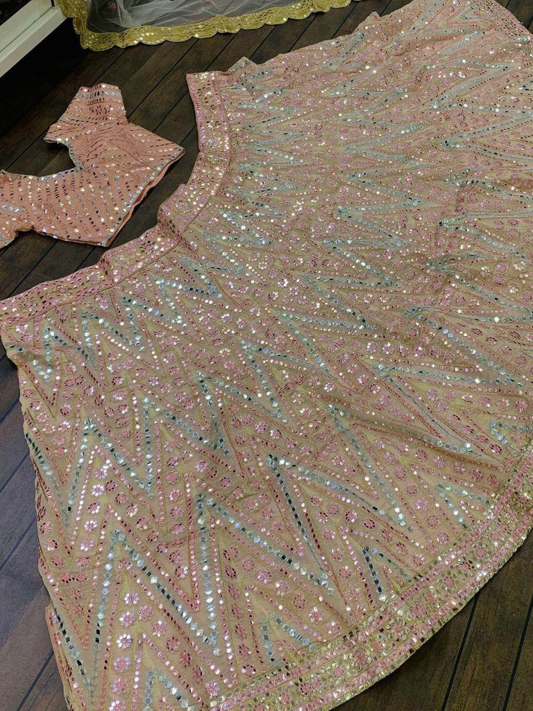 Stunning Peach Foil Mirror work Organza Party Wear Lehenga Choli