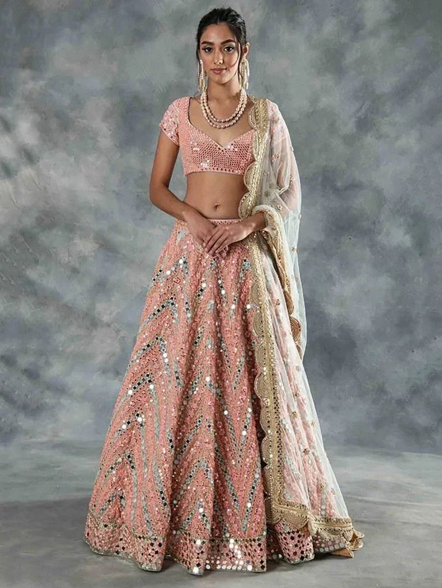 Pink sequin lehenga choli with gold embroidery and sheer dupatta, perfect for Indian weddings and festive occasions