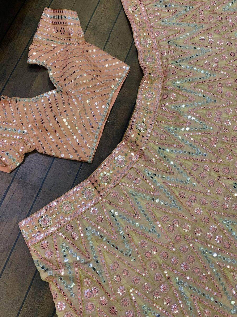 Stunning Peach Foil Mirror work Organza Party Wear Lehenga Choli