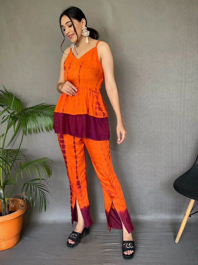 Magnetic Orange Shibori Printed Muslin Silk Pant With Top Co-Ord Set
