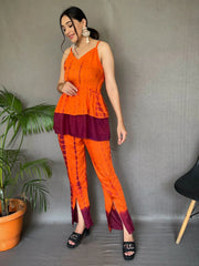 Magnetic Orange Shibori Printed Muslin Silk Pant With Top Co-Ord Set