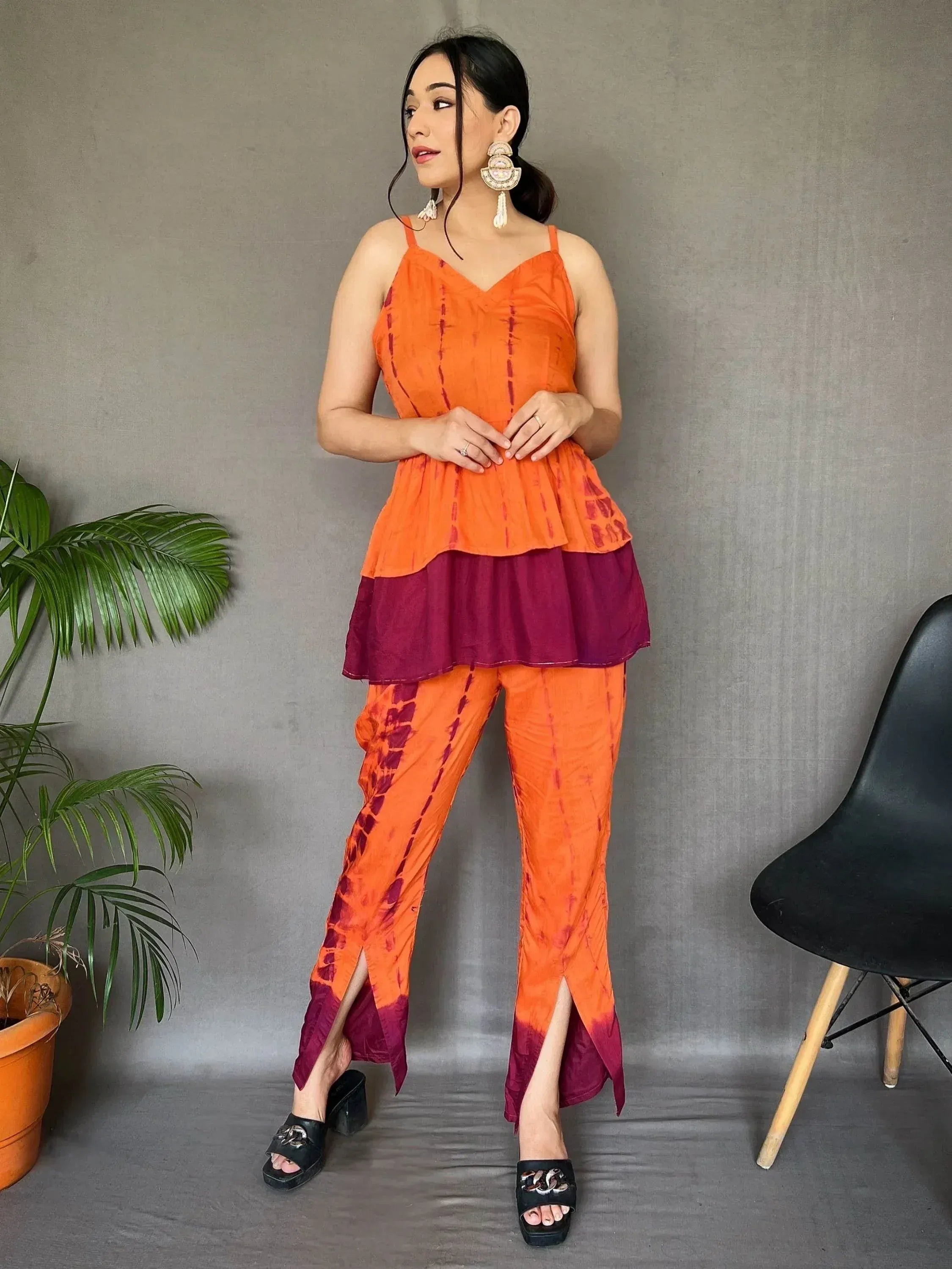 Orange and maroon tie-dye ethnic palazzo set with peplum top, perfect for Indian occasions