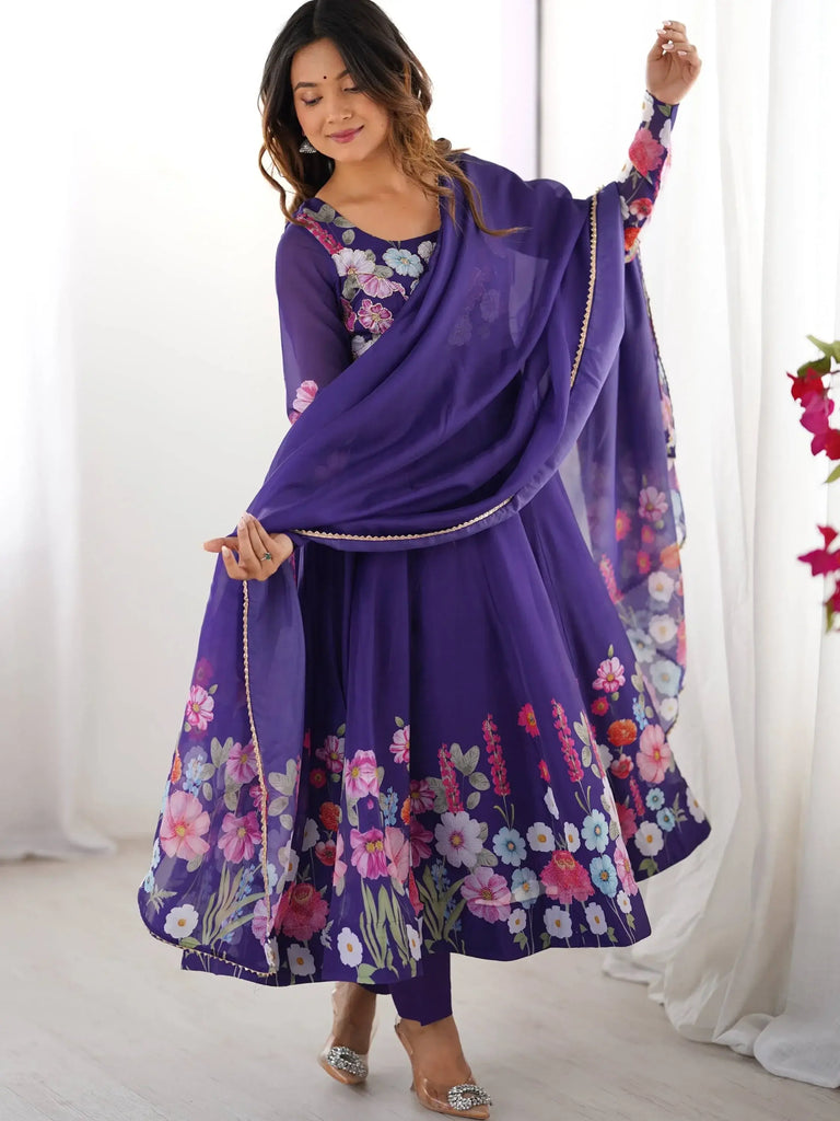 Alluring Purple Floral Printed Organza Casual Wear Anarkali Suit With Dupatta