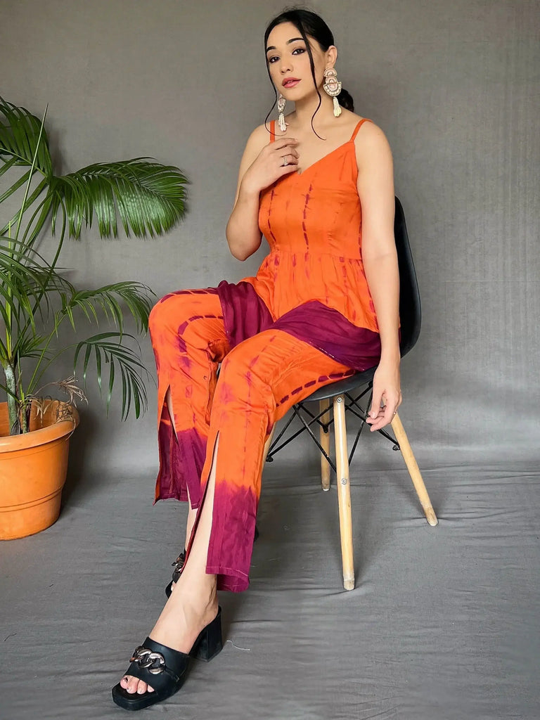Magnetic Orange Shibori Printed Muslin Silk Pant With Top Co-Ord Set