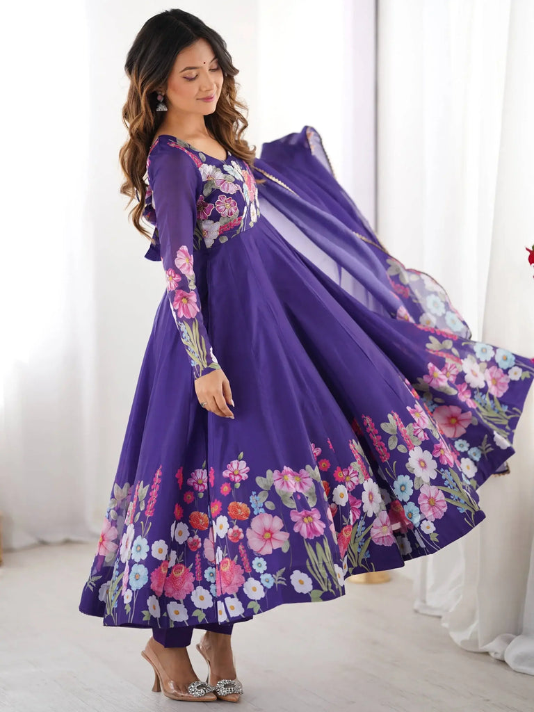 Alluring Purple Floral Printed Organza Casual Wear Anarkali Suit With Dupatta