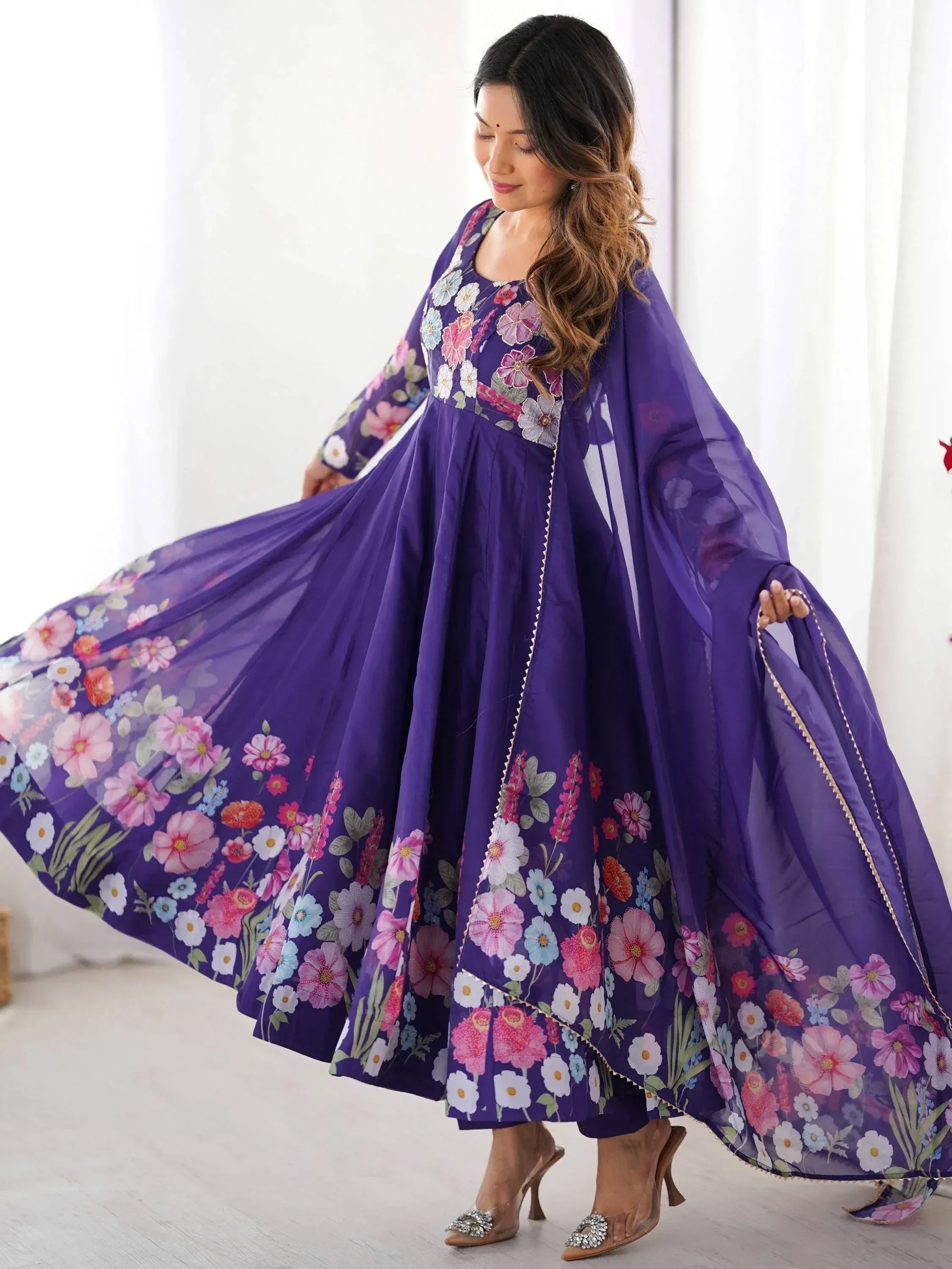 Purple floral print ethnic gown with cape, perfect for Indian occasions and festive wear