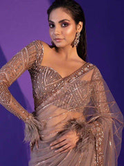 Outstanding Grey Sequins Net Party Wear Saree With Designer Blouse