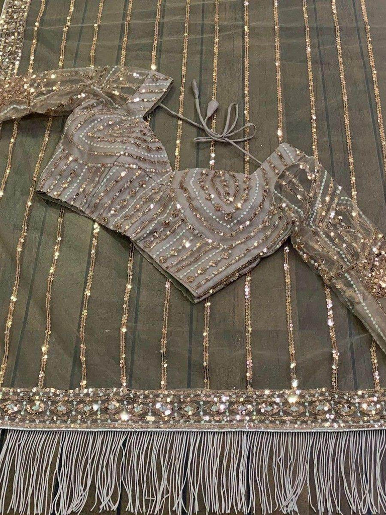 Outstanding Grey Sequins Net Party Wear Saree With Designer Blouse