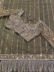 Outstanding Grey Sequins Net Party Wear Saree With Designer Blouse