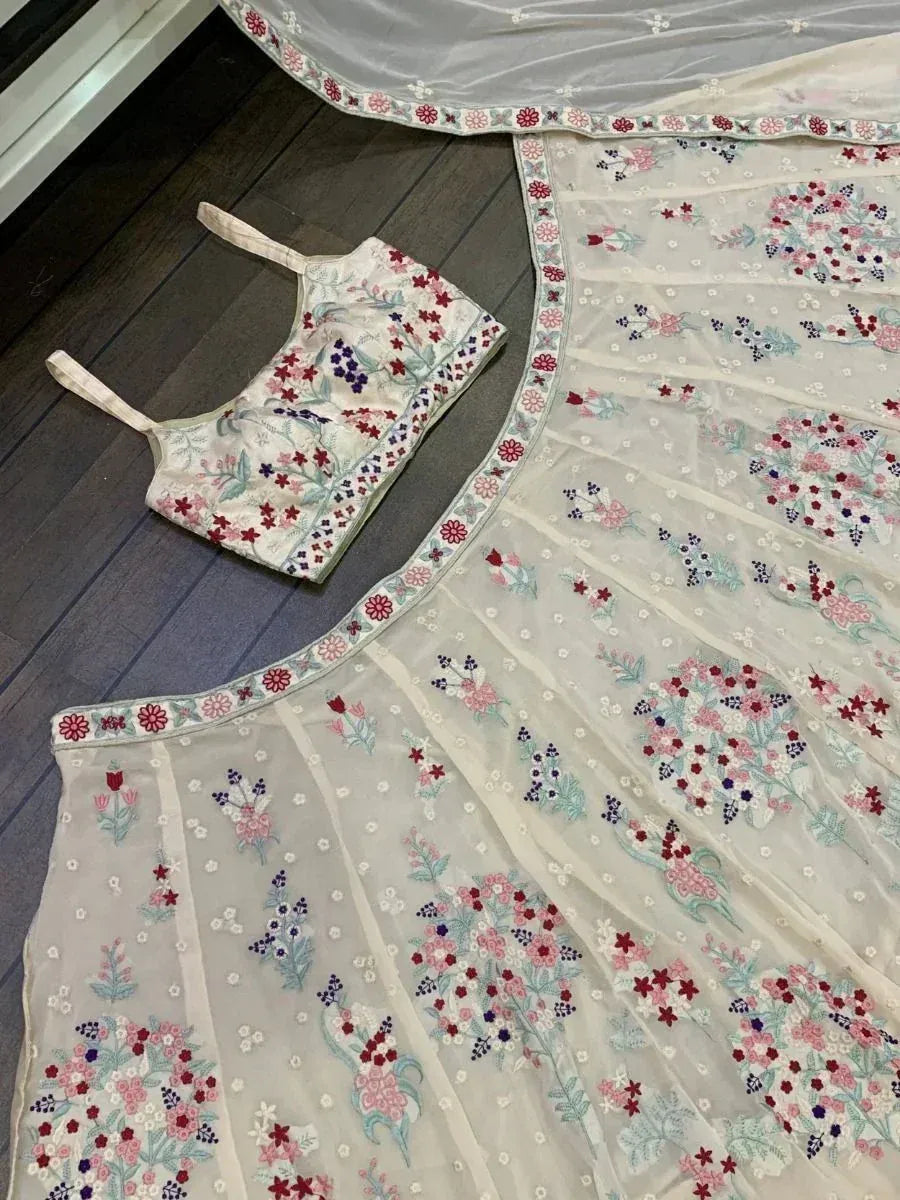 Floral embroidered lehenga choli set with sheer dupatta, perfect for Indian ethnic wear occasions
