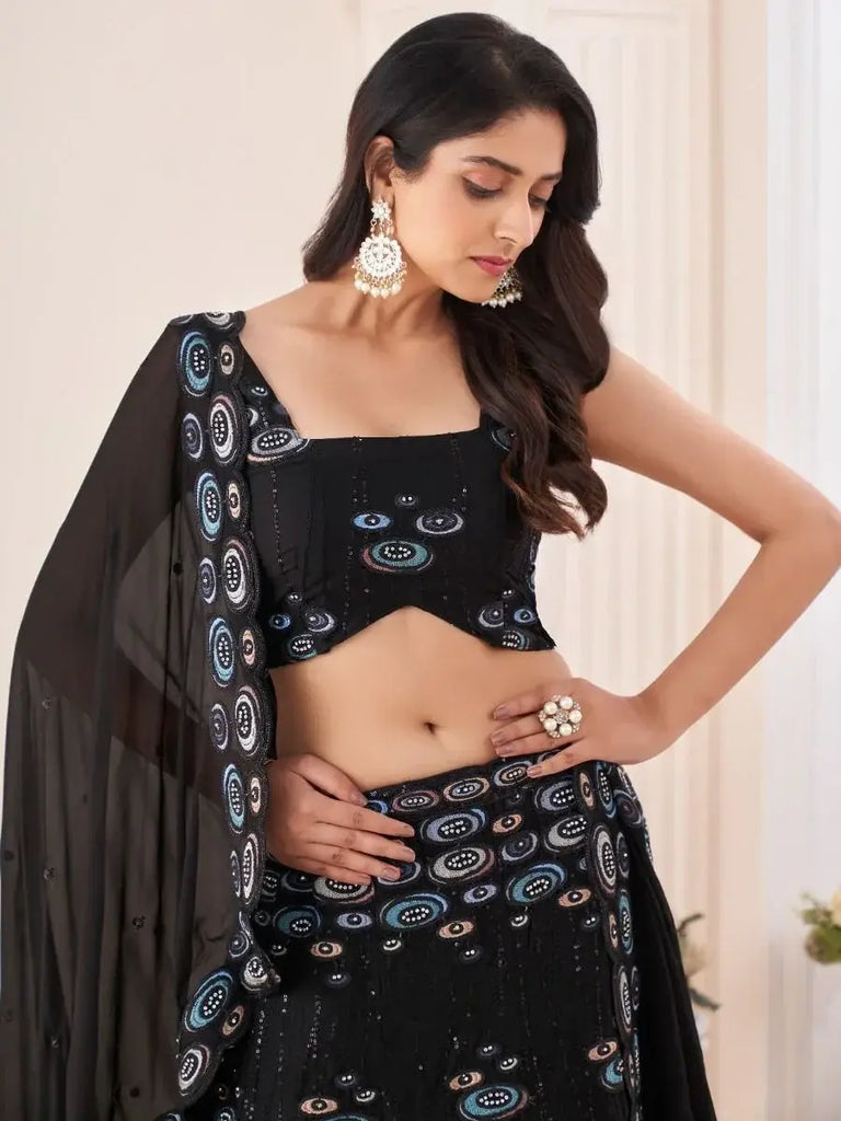 Enchanting Black Thread Embroidered Georgette  Events Lehenga Choli