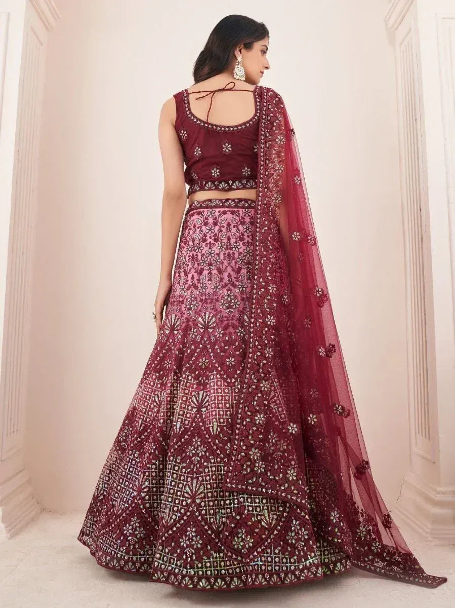 Maroon embroidered lehenga choli with floral dupatta, Indian ethnic wear for weddings and festivals