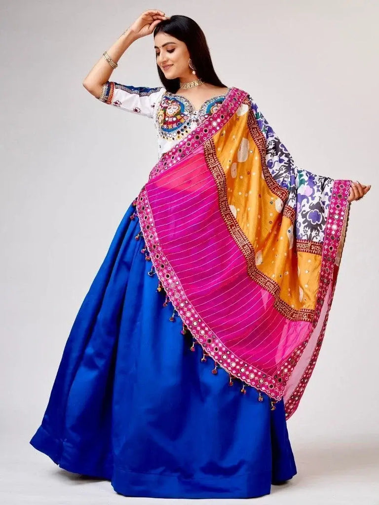 Awesome Blue Mirror Work Silk Navratri Wear Lehenga Choli With Dupatta