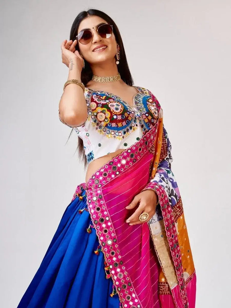 Awesome Blue Mirror Work Silk Navratri Wear Lehenga Choli With Dupatta
