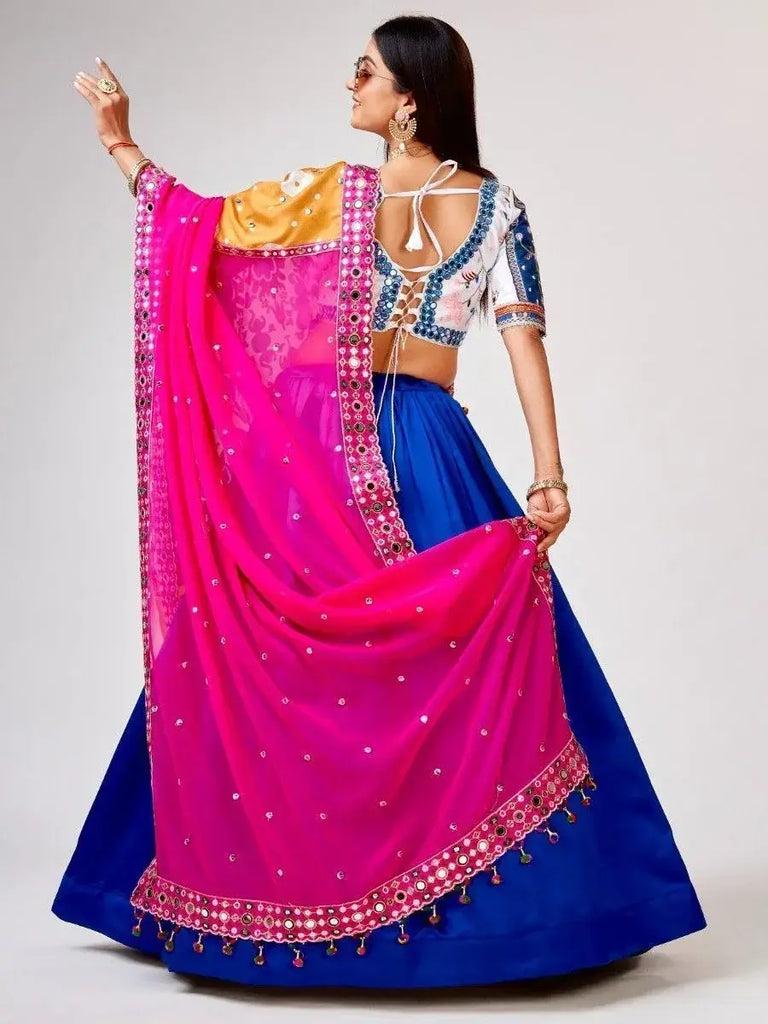 Awesome Blue Mirror Work Silk Navratri Wear Lehenga Choli With Dupatta