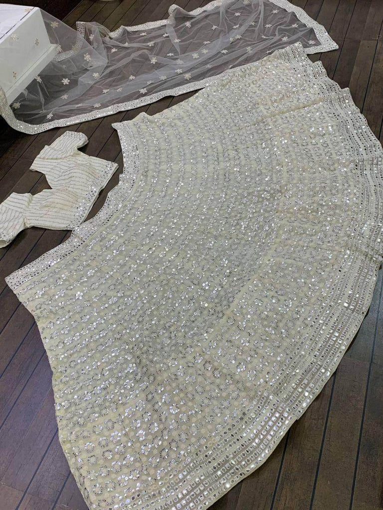 Wonderful Cream Sequined Georgette Sangeet Wear Lehenga Choli