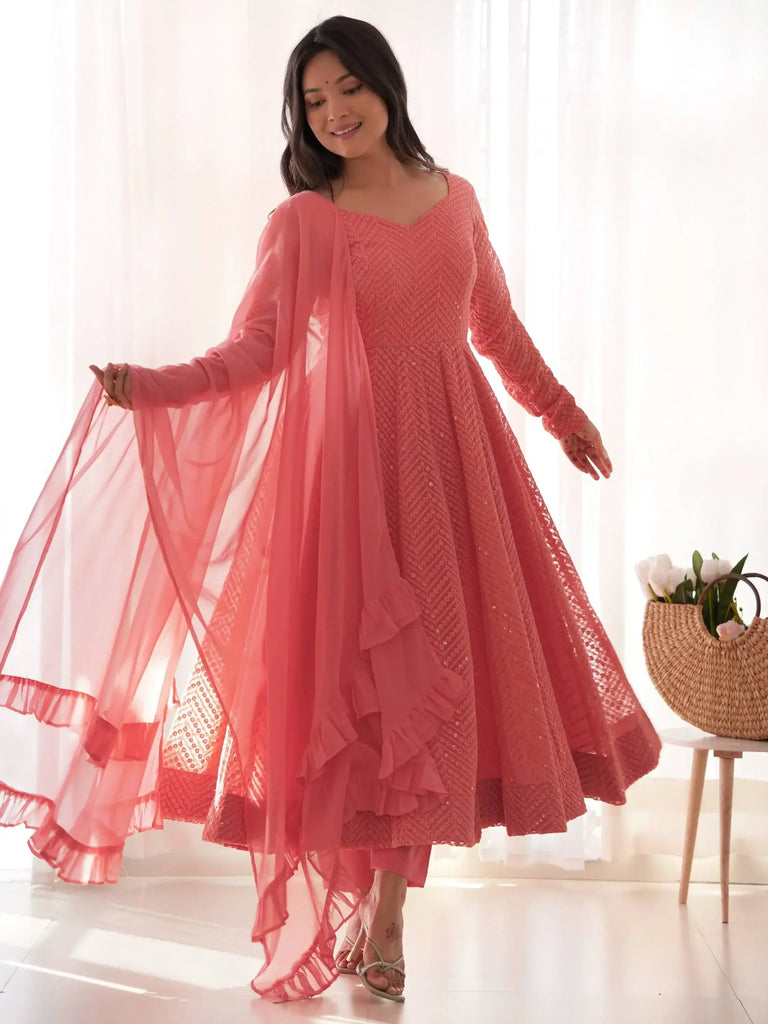 Incredible Peach Lucknawi Work Georgette Anarkali Suit With Ruffle Dupatta
