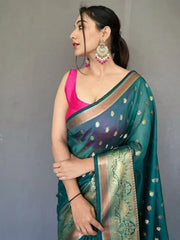 Outstanding Teal Green Zari Weaving Organza Traditional Saree