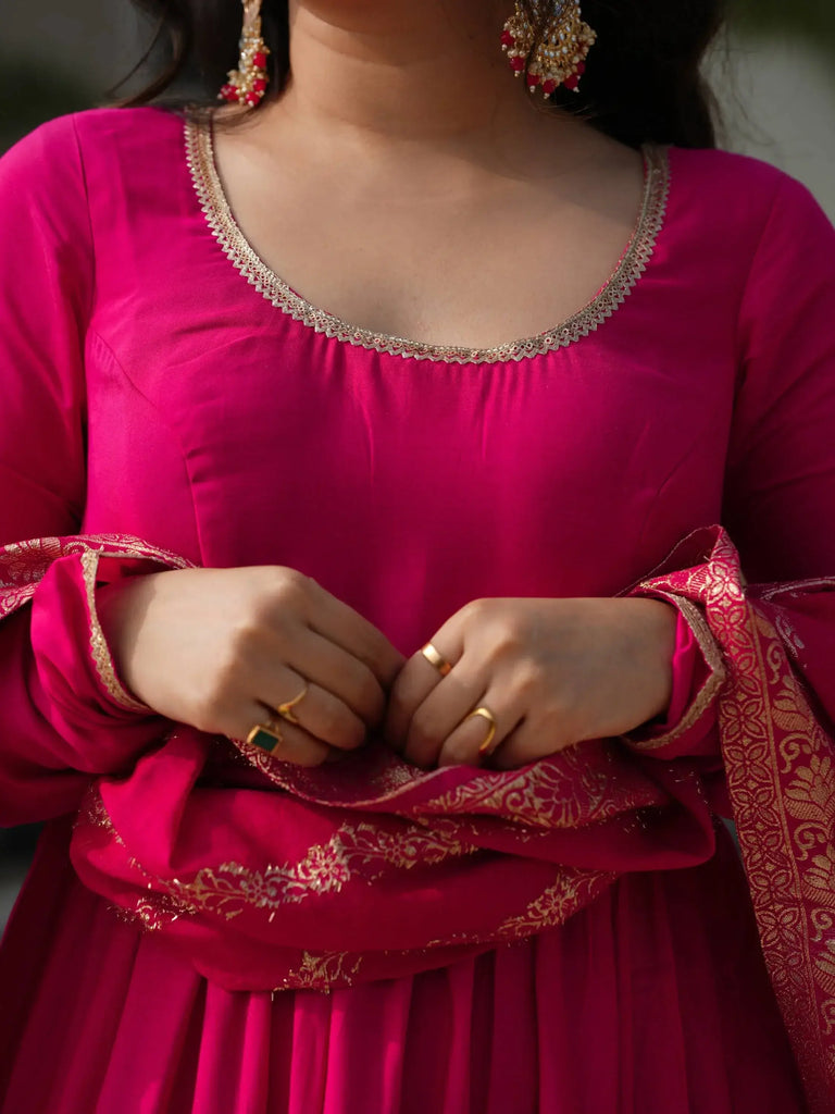 Beautiful Pink Chanderi Silk Wedding Wear Anarkali Suit With Banarasi Dupatta