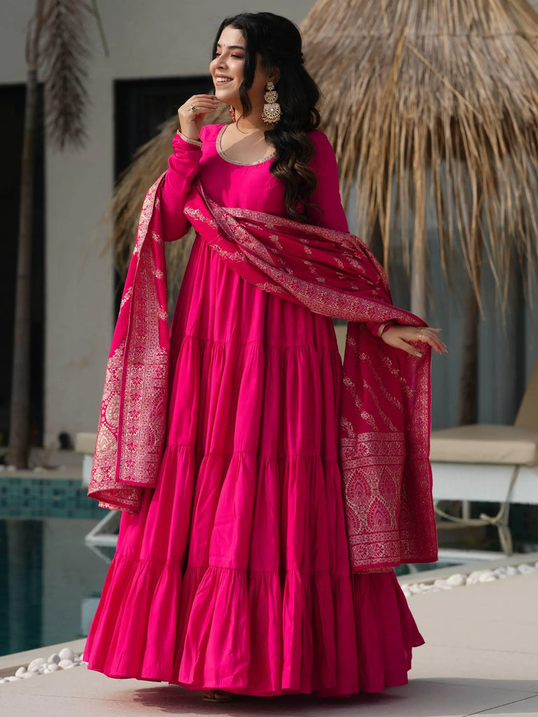 Beautiful Pink Chanderi Silk Wedding Wear Anarkali Suit With Banarasi Dupatta