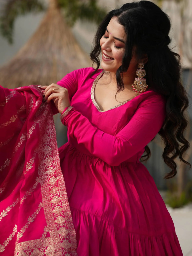 Beautiful Pink Chanderi Silk Wedding Wear Anarkali Suit With Banarasi Dupatta