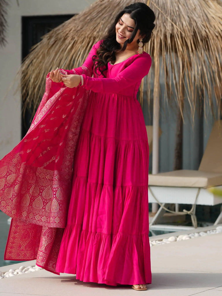 Beautiful Pink Chanderi Silk Wedding Wear Anarkali Suit With Banarasi Dupatta