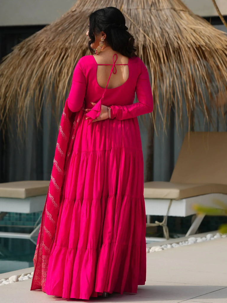 Beautiful Pink Chanderi Silk Wedding Wear Anarkali Suit With Banarasi Dupatta