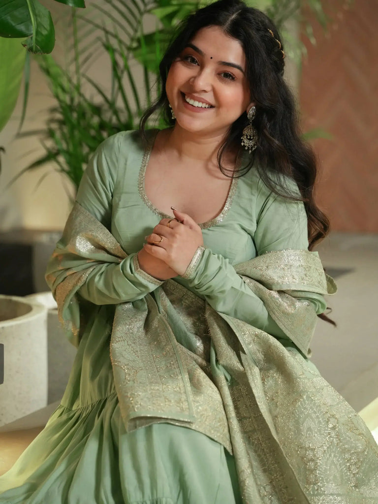 Ravishing Pista Green Chanderi Silk Anarkali Suit With Banarasi Dupatta