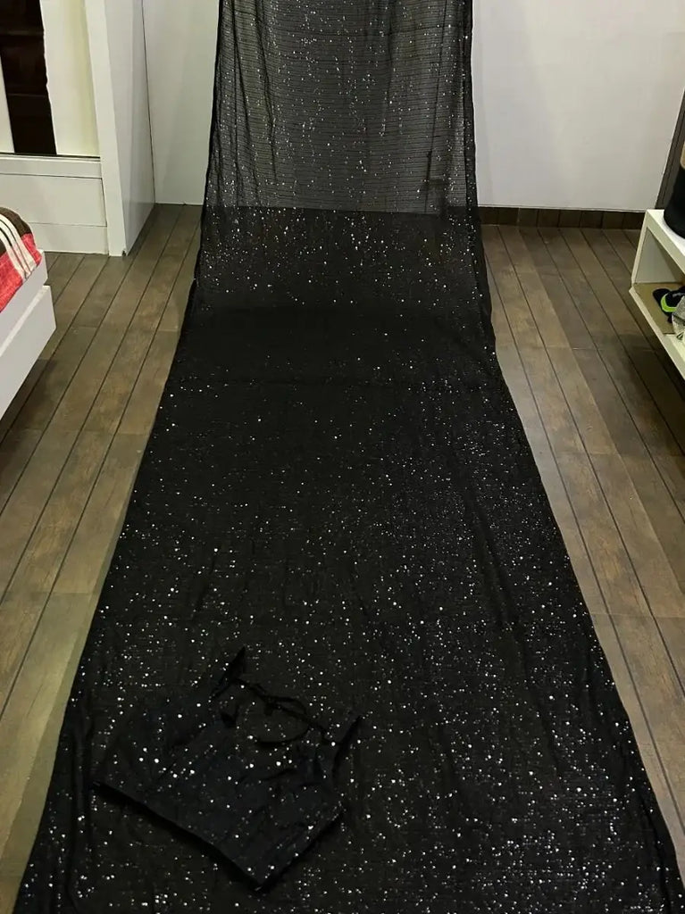 Marvelous Black Fully Sequins Work Georgette Saree With Blouse