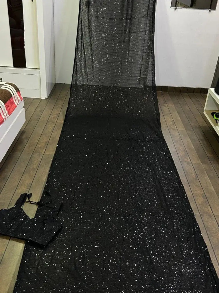 Marvelous Black Fully Sequins Work Georgette Saree With Blouse