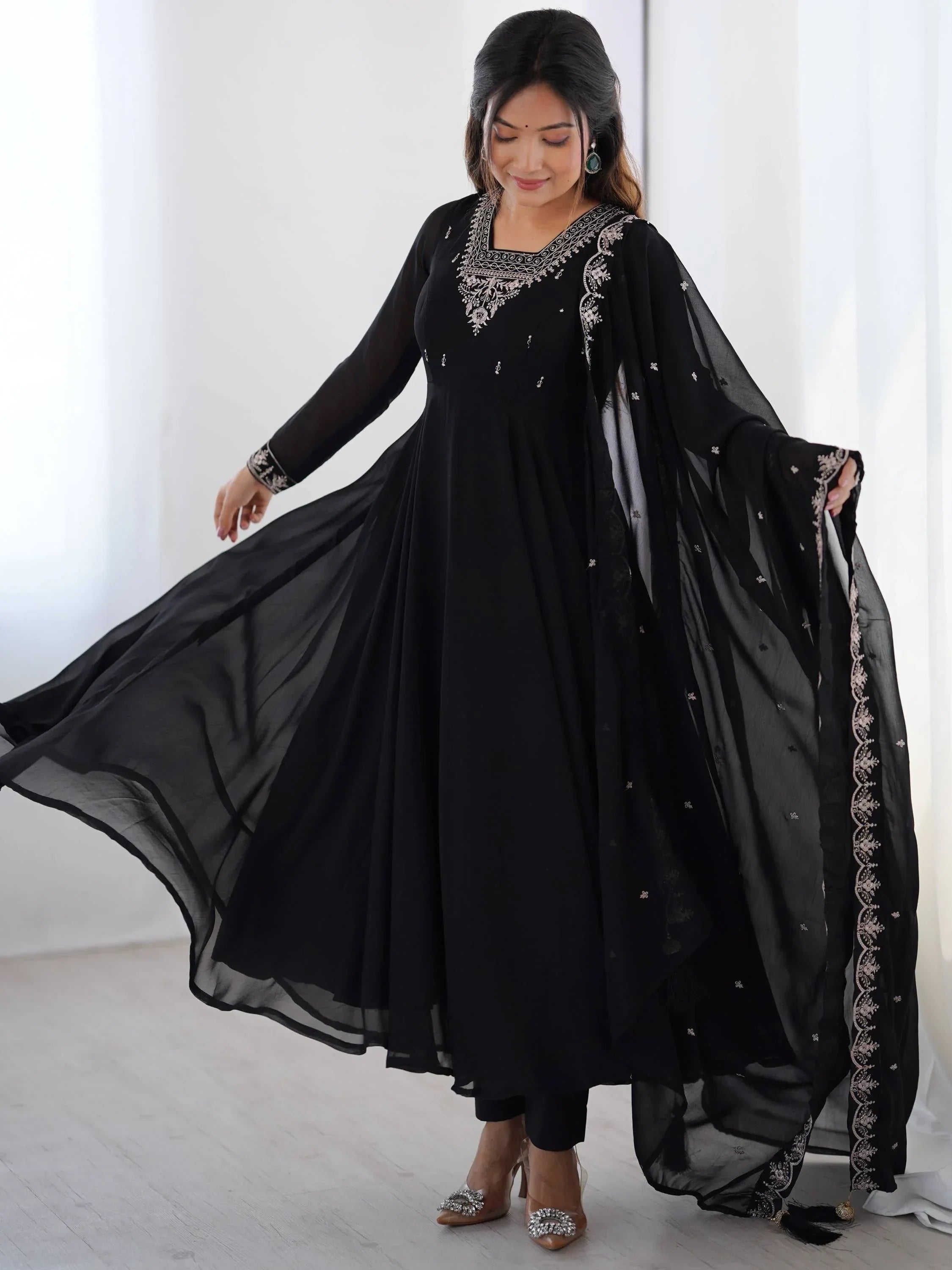 Majestic Black Beads Work Georgette Festive Wear Anarkali Suit