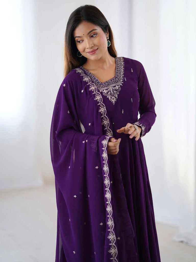 Fabulous Purple Embroidered Georgette Anarkali Suit With Dupatta