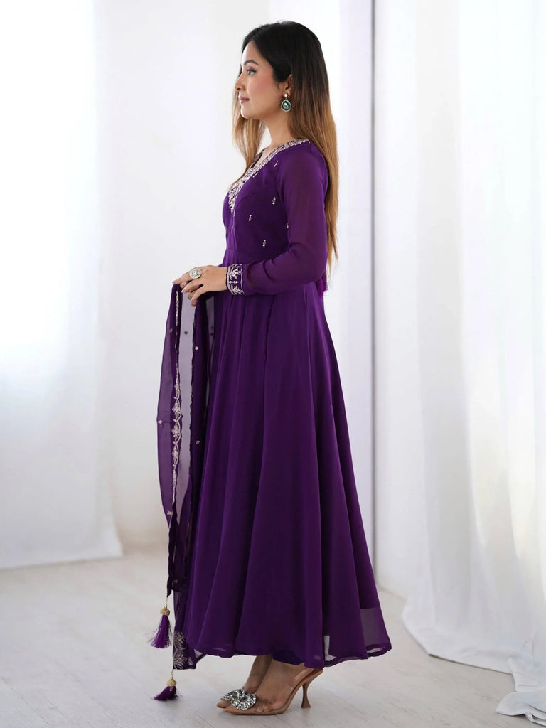 Fabulous Purple Embroidered Georgette Anarkali Suit With Dupatta